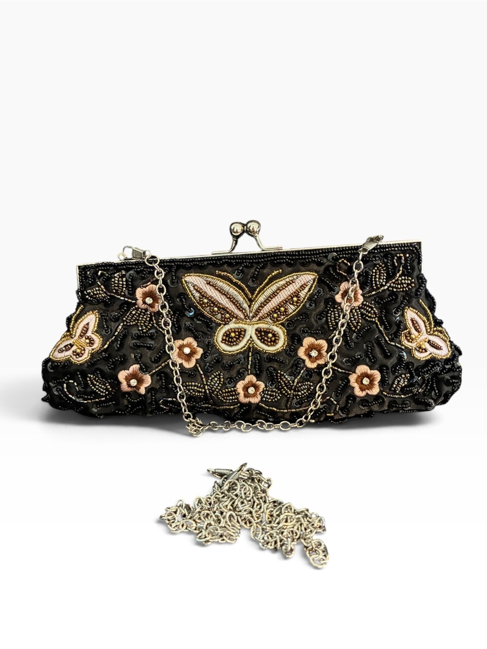 Embellished Black Beaded Butterfly Clutch